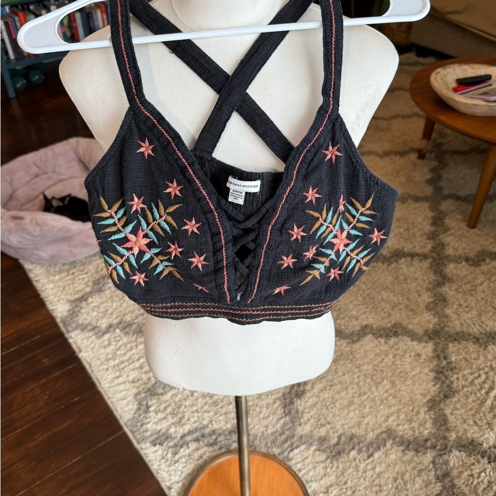 American Eagle Outfitters Black Embroidered Crop Top